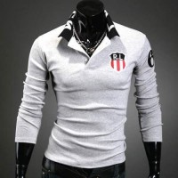 Polo Homme manches longues Fashion Ecusson Stylish Sport Gris